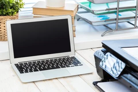 Printer and computer. Office table Stock Photos