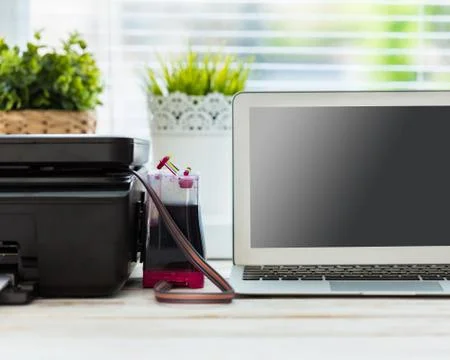 Printer and computer. Office table Stock Photos