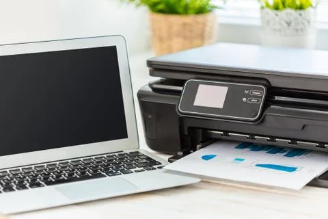 Printer and computer. Office table Stock Photos