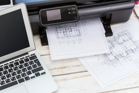 Printer and computer. Office table Stock Photos
