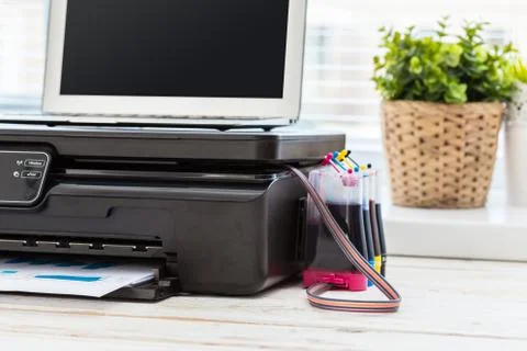Printer and computer. Office table 스톡 사진