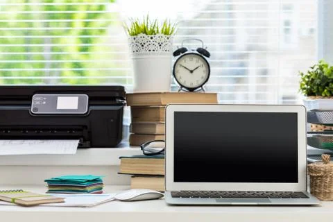 Printer and computer. Office table Stock Photos