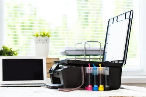 Printer and computer. Office table Stock Photos