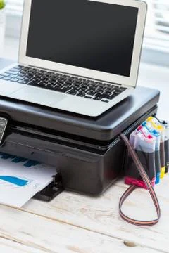 Printer and computer. Office table 스톡 사진