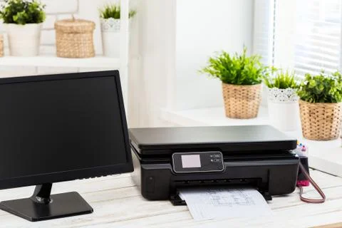 Printer and computer. Office table 스톡 사진
