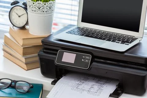 Printer and computer. Office table Stock Photos