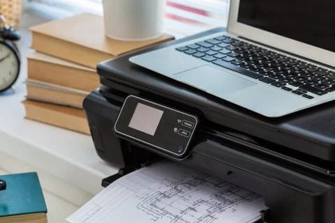 Printer and computer. Office table Stock Photos