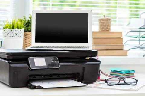 Printer and computer. Office table Stock Photos