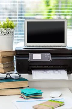 Printer and computer. Office table Stock Photos