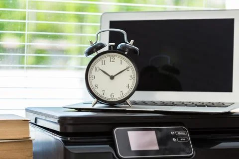 Printer and computer. Office table Stock Photos