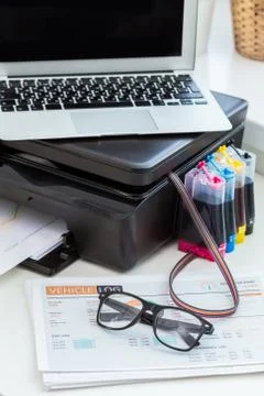 Printer and computer. Office table Stock Photos