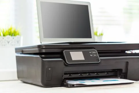 Printer and computer. Office table Stock Photos