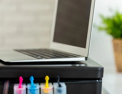 Printer and computer. Office table 스톡 사진