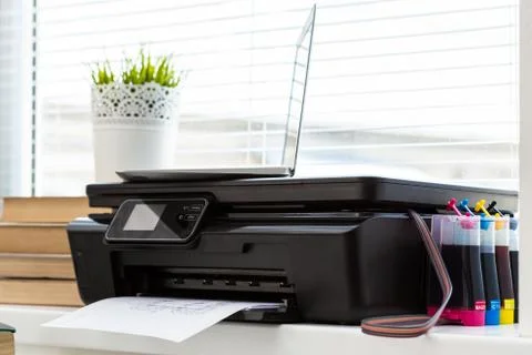 Printer and computer. Office table 스톡 사진