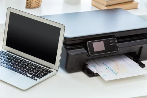 Printer and computer. Office table Stock Photos