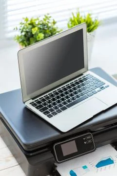 Printer and computer. Office table Stock Photos
