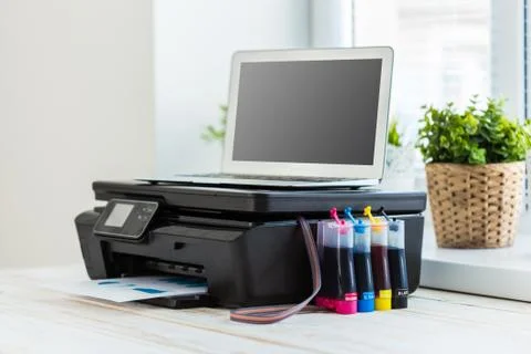 Printer and computer. Office table Stock Photos