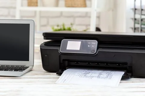 Printer and computer. Office table Stock Photos
