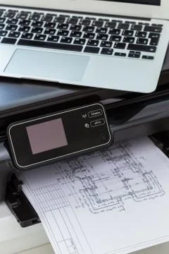 Printer and computer. Office table Stock Photos