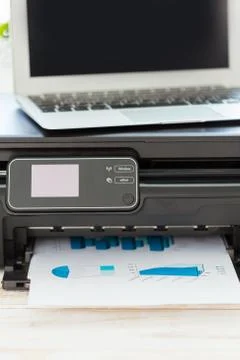 Printer and computer. Office table Stock Photos