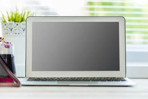 Printer and computer. Office table Stock Photos