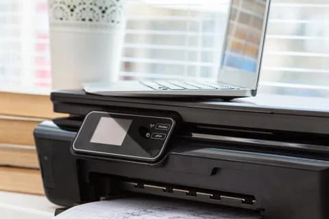 Printer and computer. Office table Stock Photos