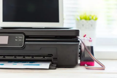 Printer and computer. Office table Stock Photos