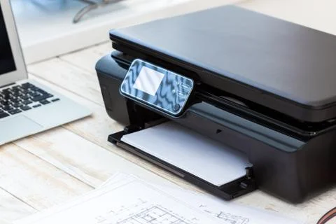 Printer and computer. Office table Stock Photos
