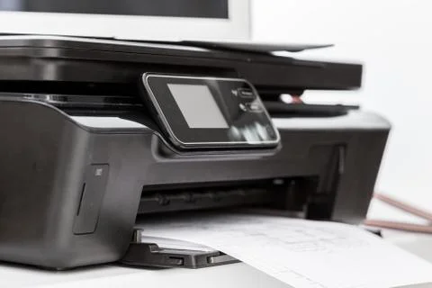 Printer and computer. Office table Stock Photos