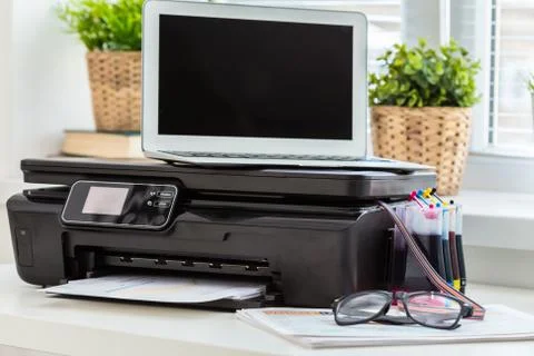 Printer and computer. Office table Stock Photos