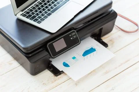 Printer and computer. Office table Stock Photos