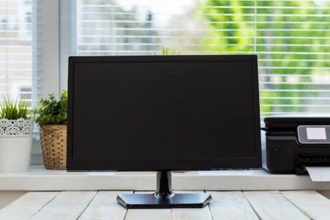 Printer and computer. Office table Stock Photos