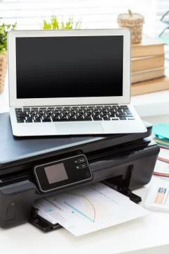 Printer and computer. Office table Stock Photos