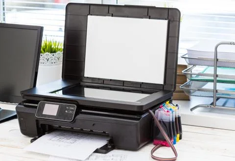 Printer and computer. Office table 스톡 사진