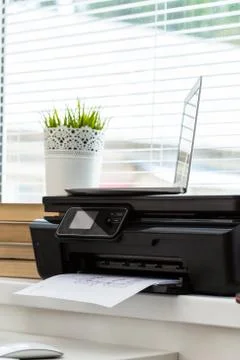Printer and computer. Office table Stock Photos