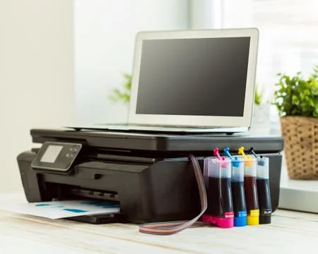 Printer and computer. Office table 스톡 사진