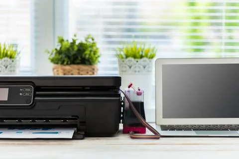 Printer and computer. Office table Stock Photos