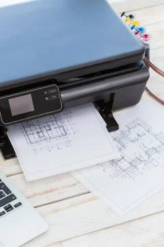 Printer and computer. Office table Stock Photos