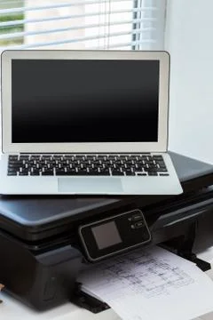 Printer and computer. Office table 스톡 사진