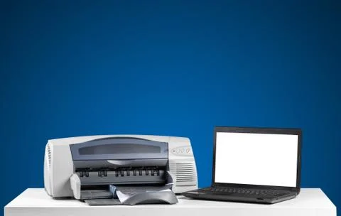 Printer and computer. Office table Stock Photos