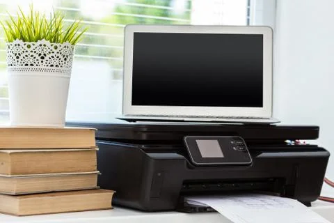 Printer and computer. Office table Stock Photos