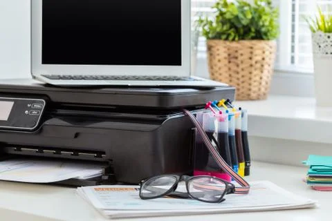 Printer and computer. Office table Stock Photos