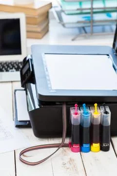 Printer and computer. Office table Stock Photos