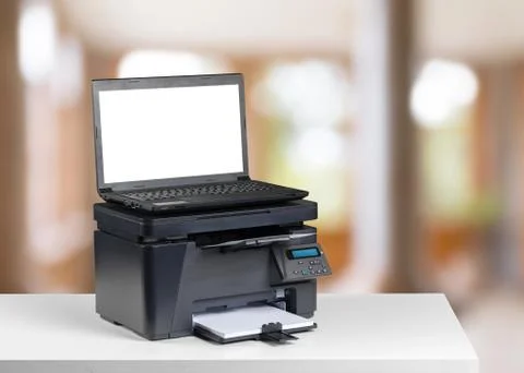 Printer and computer. Office table 스톡 사진