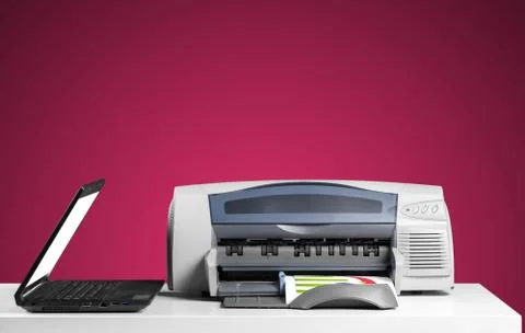 Printer and computer. Office table Stock Photos