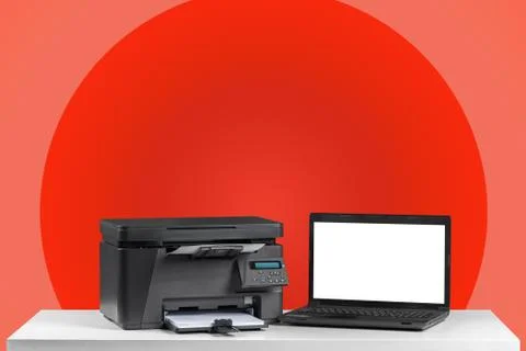 Printer and computer. Office table Stock Photos