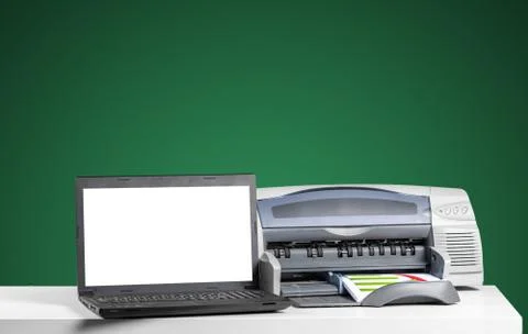 Printer and computer. Office table Stock Photos