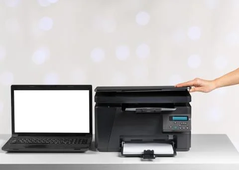 Printer and computer. Office table Stock Photos