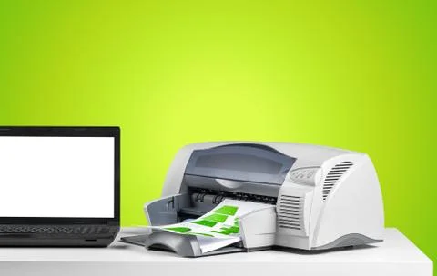 Printer and computer. Office table Stock Photos