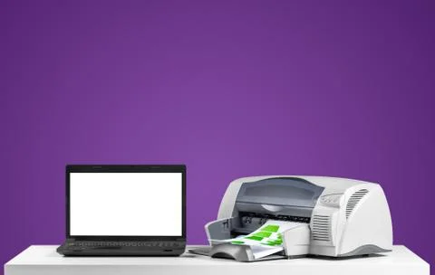 Printer and computer. Office table Stock Photos
